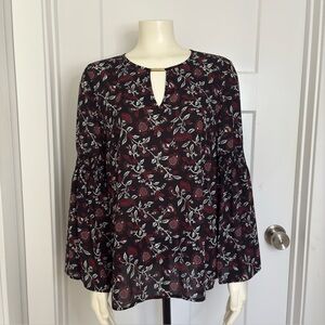 MICHAEL Michael Kors Burgundy Black Floral Keyhole Bell Sleeve Blouse Large Boho